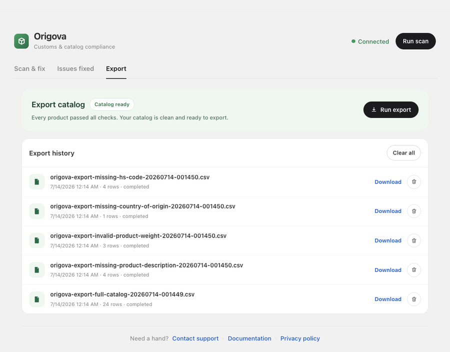 Export tab: Catalog ready badge, Run export button, and export history with customs-ready CSV files to download.